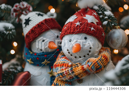 Christmas greeting card with bright winter holiday snowman and New Year background 119444306
