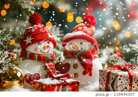 Christmas greeting card with bright winter holiday snowman and New Year background 119444307