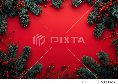 Christmas greeting card with bright winter holiday composition and New Year background Christmas greeting card with bright winter holiday composition and New Year background 119444423