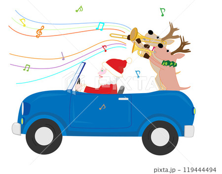 車に乗ってクリスマスを祝っているサンタクロースとトナカイ。 車に乗ってクリスマスを祝っているサンタクロースとトナカイ。 119444494