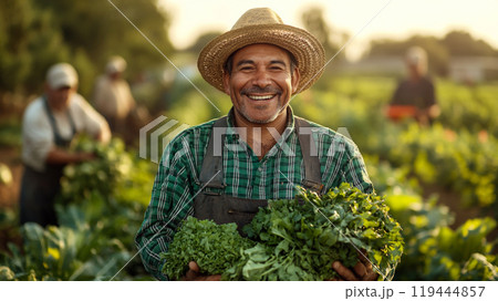 笑顔で沢山の野菜を抱える人	 119444857