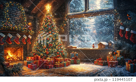 暖かなクリスマスの夜と輝くツリー	 119445107