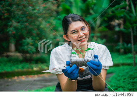asian woman planting seedling using recycled plastic bottle asian woman planting seedling using recycled plastic bottle 119445959