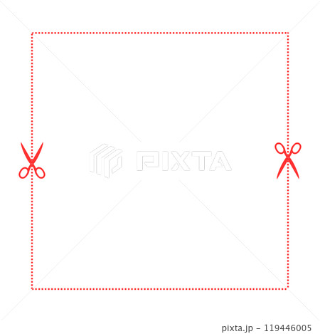 点線に沿ってハサミで紙を切るイメージ。赤色のキリトリ線。 119446005