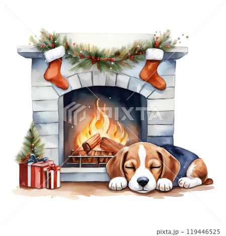 クリスマスの暖炉のそばで眠るビーグルのイラスト1／チラシやポスター用素材 119446525