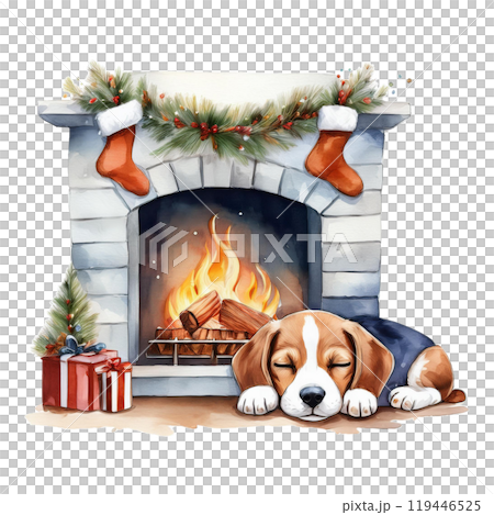 クリスマスの暖炉のそばで眠るビーグルのイラスト1／チラシやポスター用素材 119446525
