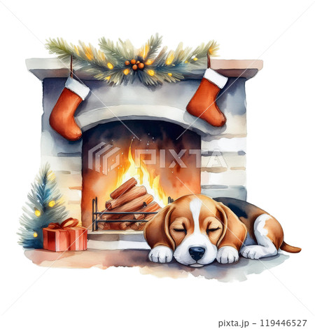 クリスマスの暖炉のそばで眠るビーグルのイラスト2／チラシやポスター用素材 119446527
