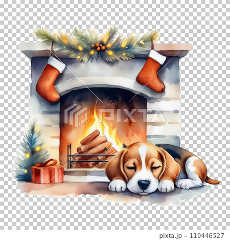 クリスマスの暖炉のそばで眠るビーグルのイラスト2／チラシやポスター用素材 119446527