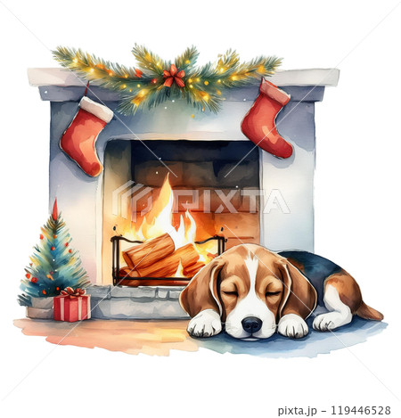 クリスマスの暖炉のそばで眠るビーグルのイラスト3／チラシやポスター用素材 119446528
