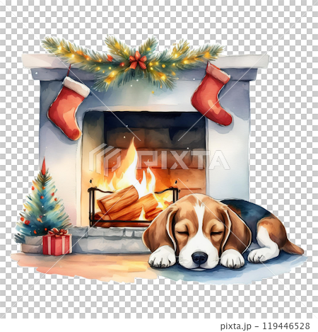 クリスマスの暖炉のそばで眠るビーグルのイラスト3／チラシやポスター用素材 119446528