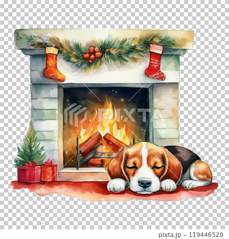クリスマスの暖炉のそばで眠るビーグルのイラスト4 119446529