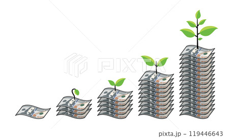 複利で殖える新100ドル紙幣の札束と成長する葉 線幅可変 複利で殖える新100ドル紙幣の札束と成長する葉 線幅可変 119446643