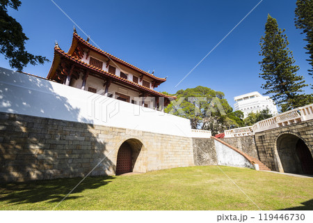 Old city wall building view of the Great South Gate in Tainan, Taiwan. it's one of Taiwan's most well-preserved city gates. 119446730