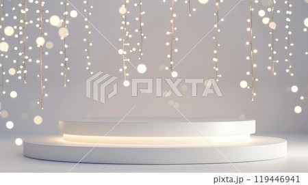 A white podium adorned with festive Christmas lights draping from the ceiling. AI-generated content. 119446941