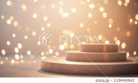 A podium is prominently placed with bright lights in the background. AI-generated content. 119446942