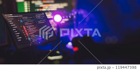Working atmosphere of a programmer at home, background. Programming code abstract screen 119447398
