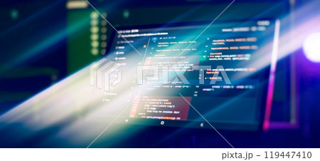 Monitor closeup of function source code. Abstract IT technology background. Software source code. 119447410