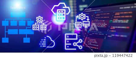 Concept of cloud computing technology. Protecting data and servers remotely. Network connection. Concept of cloud computing technology. Protecting data and servers remotely. Network connection. 119447422