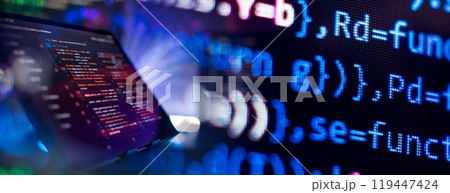 Abstract computer script code. Programming code screen of software developer. Software Programming Work Time. Abstract computer script code. Programming code screen of software developer. Software Programming Work Time. 119447424