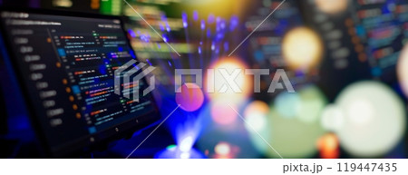 Running Computer data programming. Coding script text on screen. Notebook closeup photo. Running Computer data programming. Coding script text on screen. Notebook closeup photo. 119447435