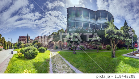 View of the historic city wall in Tbilisi, Georgia, showcasing architecture and greenery View of the historic city wall in Tbilisi, Georgia, showcasing architecture and greenery 119448209
