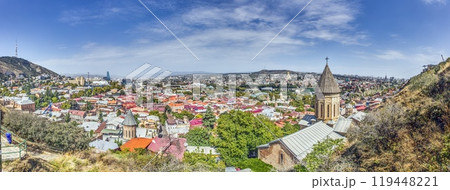 Panoramic daytime view over the city of Tbilisi, Georgia, with colorful rooftops and landmarks 119448221