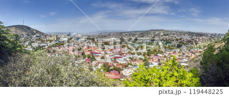 Panoramic daytime view over the city of Tbilisi, Georgia, with colorful rooftops and landmarks Panoramic daytime view over the city of Tbilisi, Georgia, with colorful rooftops and landmarks 119448225