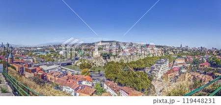 Panoramic daytime view over the city of Tbilisi, Georgia, with colorful rooftops and landmarks 119448231