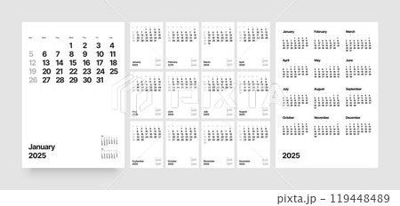 Monthly calendar for 2025 year. Starts on Sunday. 119448489