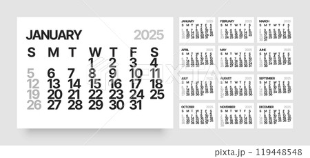 Monthly calendar for 2025 year. Starts on Sunday. 119448548