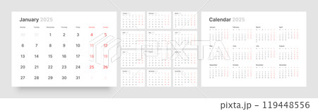 Monthly calendar layout for 2025. Planner diary. 119448556
