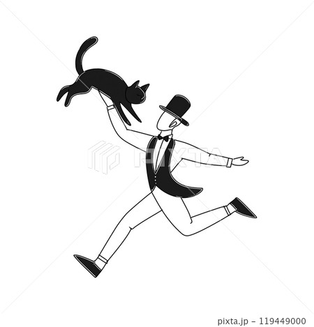 黒猫とスタイリッシュな英国紳士の手描き線画イラスト 白背景の切り抜き 黒猫とスタイリッシュな英国紳士の手描き線画イラスト 白背景の切り抜き 119449000