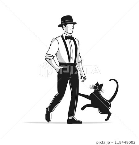 黒猫とスタイリッシュな英国紳士の手描き線画イラスト　白背景の切り抜き 119449002