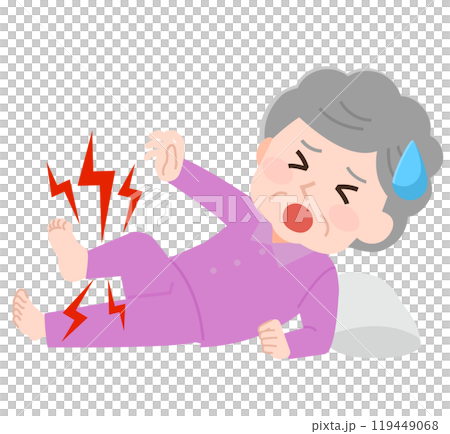 一位老年婦女在睡覺時遭受抽筋和疼痛的插圖 119449068