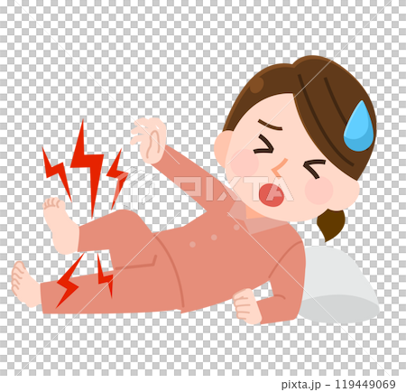 就寝中にこむら返りになって痛がる女性　イラスト 119449069