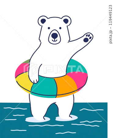 カラフルな浮き輪を身に着けた白熊の手描きイラスト　白背景の切り抜き 119449123