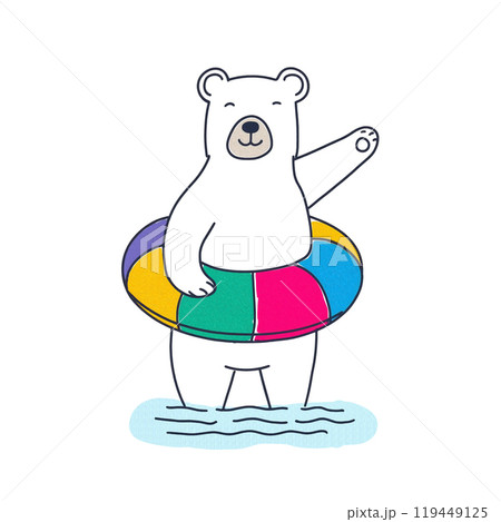カラフルな浮き輪を身に着けた白熊の手描きイラスト　白背景の切り抜き 119449125