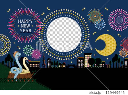 Year of the Snake illustration New Year's card design "Fireworks display/fireworks viewing frame" HAPPY NEW YEAR 119449643