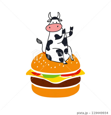 ハンバーガーの上に座っている白黒牛のキャラクターのシュールな手描きイラスト 白背景の切り抜き ハンバーガーの上に座っている白黒牛のキャラクターのシュールな手描きイラスト 白背景の切り抜き 119449934