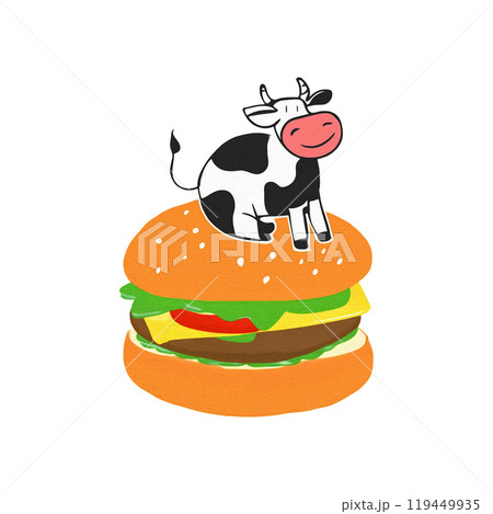 ハンバーガーの上に座っている白黒牛のキャラクターのシュールな手描きイラスト 白背景の切り抜き ハンバーガーの上に座っている白黒牛のキャラクターのシュールな手描きイラスト 白背景の切り抜き 119449935