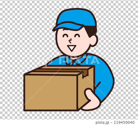 A man in work clothes carrying cardboard boxes 119450040