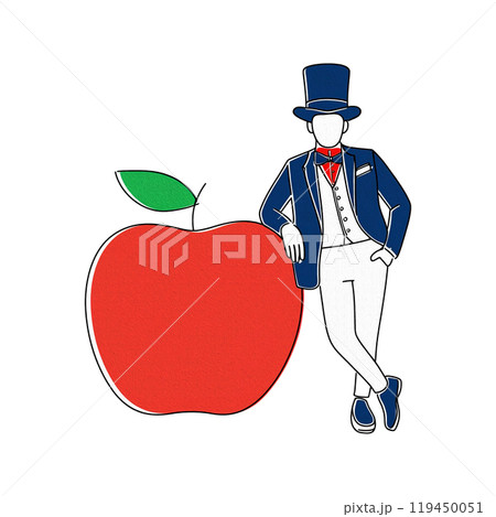 巨大なリンゴにもたれ掛かる英国紳士のシュールな手描きイラスト 白背景の切り抜き 巨大なリンゴにもたれ掛かる英国紳士のシュールな手描きイラスト 白背景の切り抜き 119450051