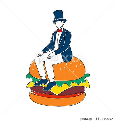 ハンバーガーの上に座っている英国紳士のシュールな手描きイラスト 白背景の切り抜き ハンバーガーの上に座っている英国紳士のシュールな手描きイラスト 白背景の切り抜き 119450052