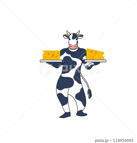 チーズを持った白黒牛のキャラクターのシュールな手描きイラスト　白背景の切り抜き 119450085