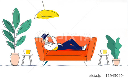 おしゃれなリビングのソファにだらしないポーズで寝転ぶ英国紳士の手描きイラスト 白背景の切り抜き おしゃれなリビングのソファにだらしないポーズで寝転ぶ英国紳士の手描きイラスト 白背景の切り抜き 119450404