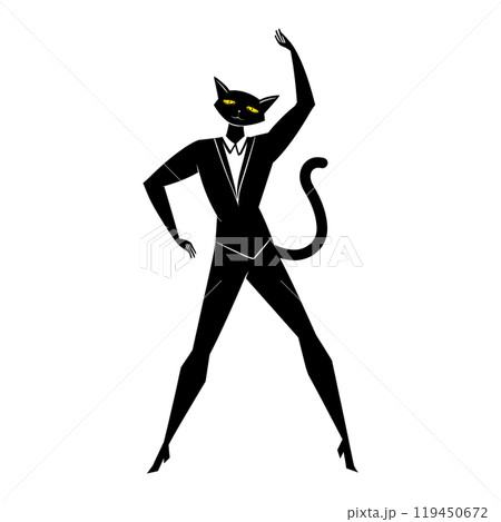 タキシードを着てダンスをする黒猫のシルエットイラスト　　白背景の切り抜き 119450672