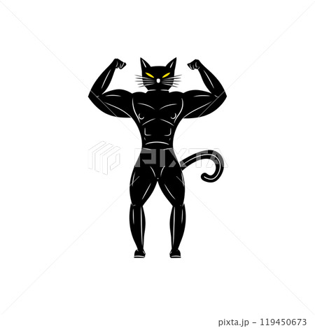 ボディビルダーのポーズをする黒猫のシルエットイラスト　白背景の切り抜き 119450673