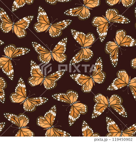 Watercolor orange Monarch butterflies seamless pattern on dark brown. Fall flying insects migrating before autumn background. European or North American nature Watercolor orange Monarch butterflies seamless pattern on dark brown. Fall flying insects migrating before autumn background. European or North American nature 119450902