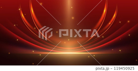 Abstract elegant red curved ray with gold lighting effect sparkle on dark red background. Template premium award design. 119450925