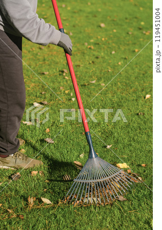 senior women holding a rake and cleaning lawn from leaves during autumn season. High quality photo senior women holding a rake and cleaning lawn from leaves during autumn season. High quality photo 119451004